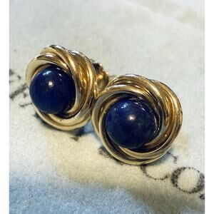Rare Vtg Tiffany & Co. 14k Yellow Gold Lapis Lazuli Twist Knot Stud Earrings